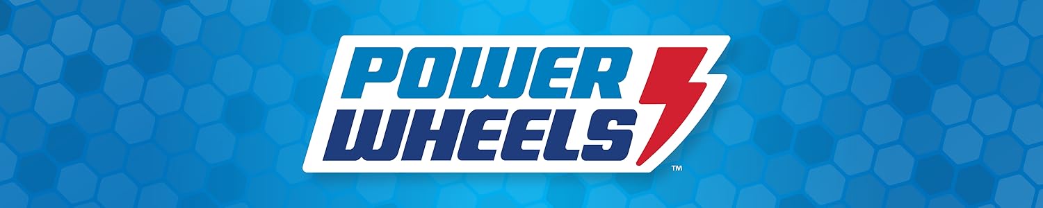 Power Wheels logo with red lightning on bright blue hexagonal background.