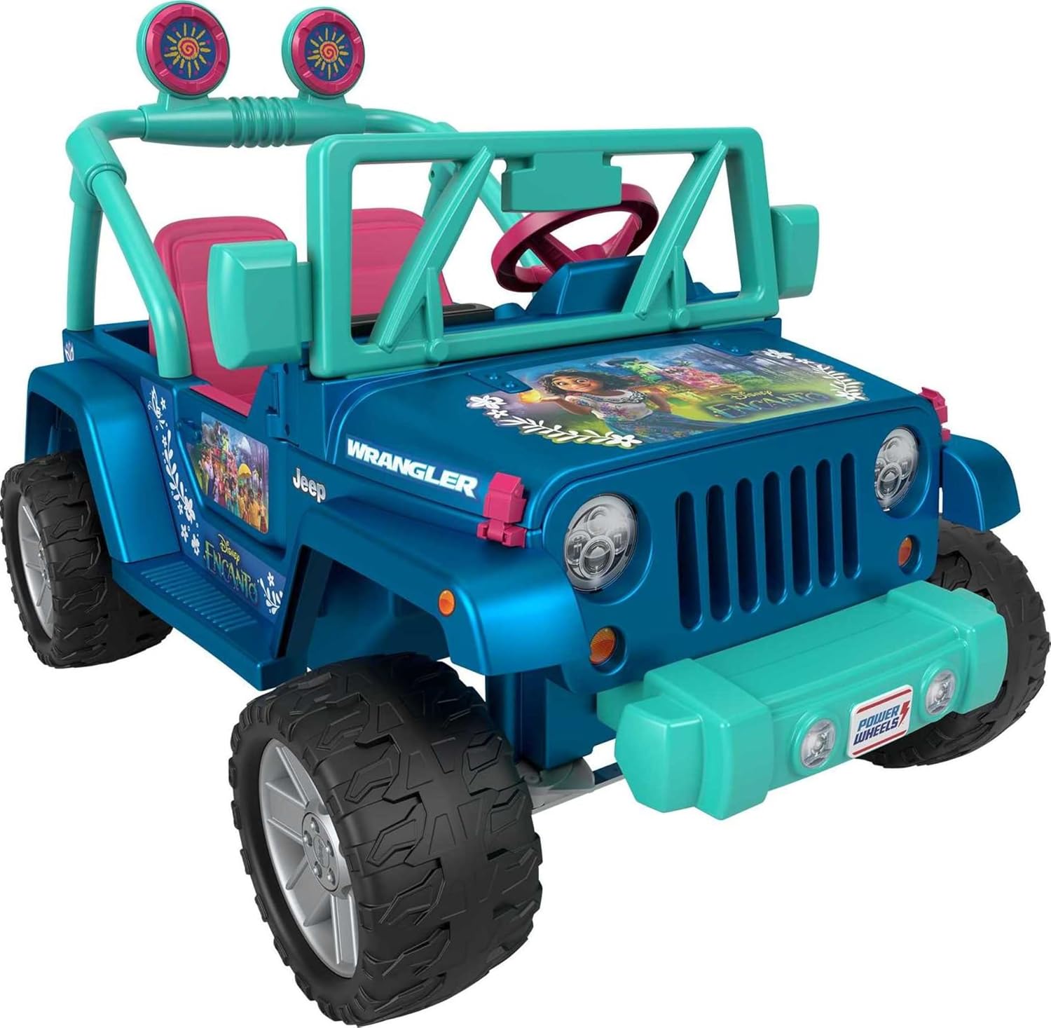 Disney Encanto Jeep Wrangler ride-on toy by Power Wheels with sounds, pretend lights, and 2 seats — electric car for preschool kids 3+.