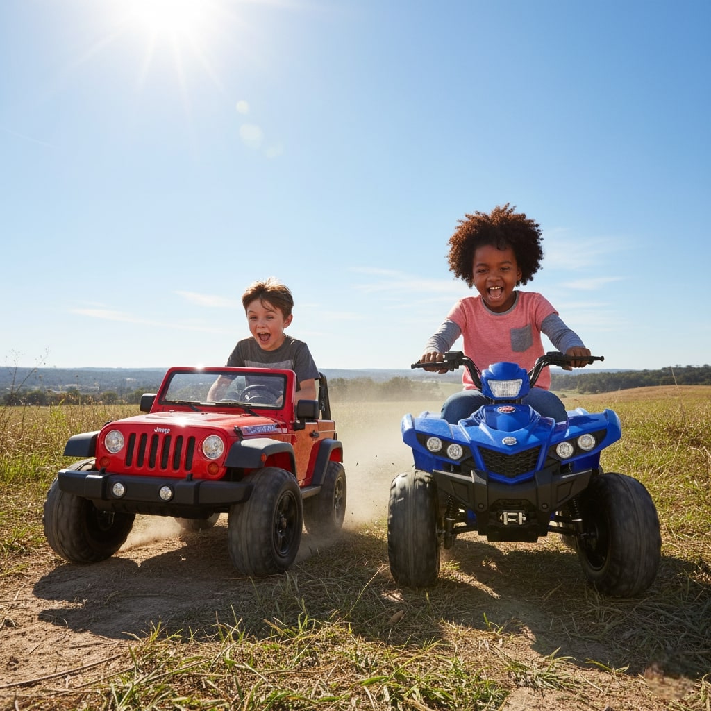Two kids driving Power Wheels Jeep and ATV on a dirt road, dynamic motion and excitement.