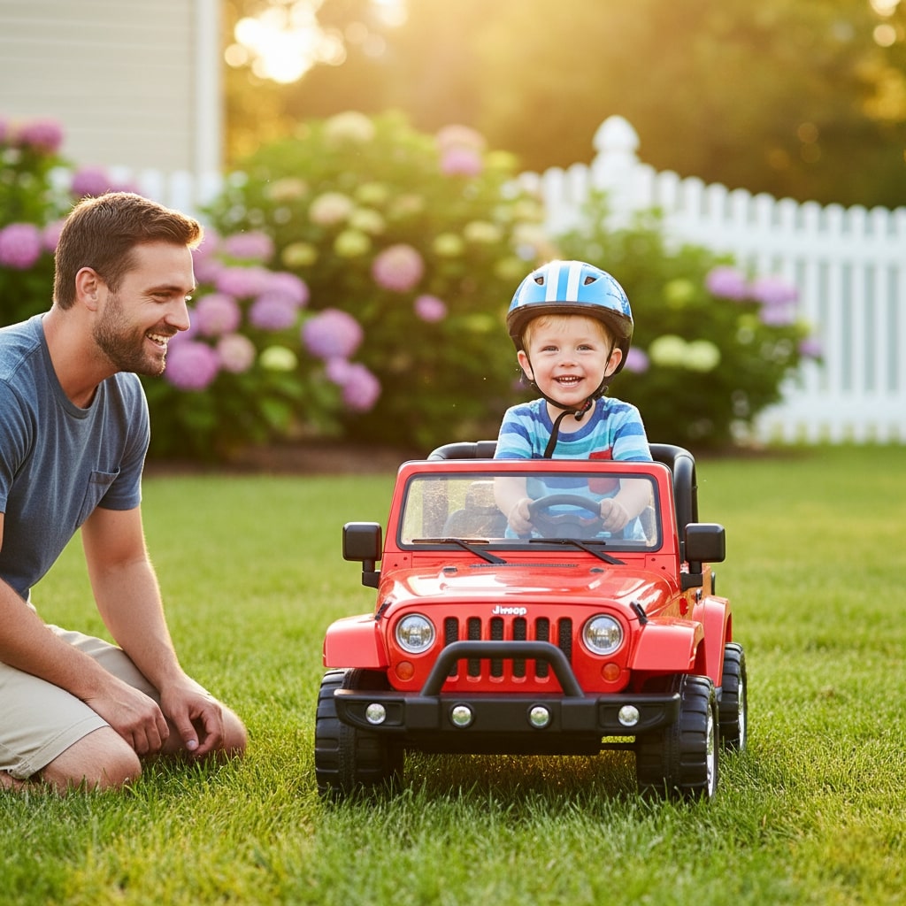 Child driving a red Power Wheels Jeep Wrangler while dad watches nearby in the yard.
