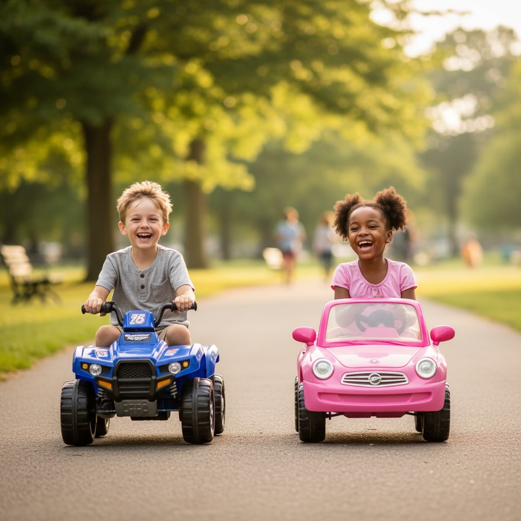Two kids riding different Power Wheels cars side by side, laughing and enjoying outdoor play.